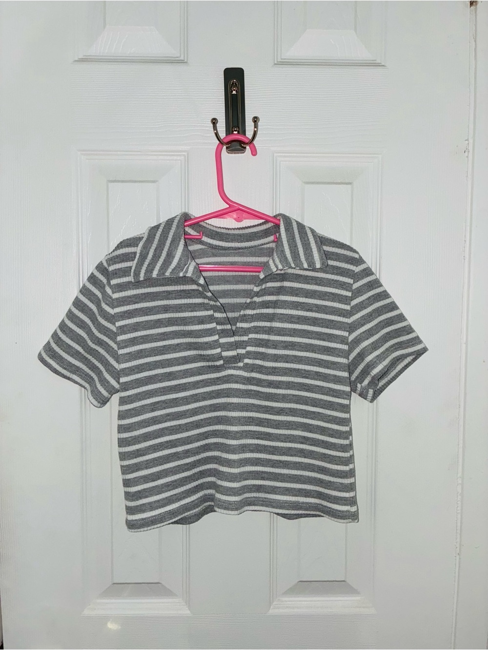 Gray & White Striped Polo Tee